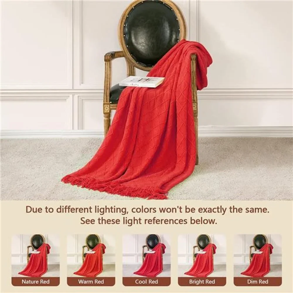 Decorative Knitted Throw Blankets Soft Cozy Blanket with Tassel, Red
